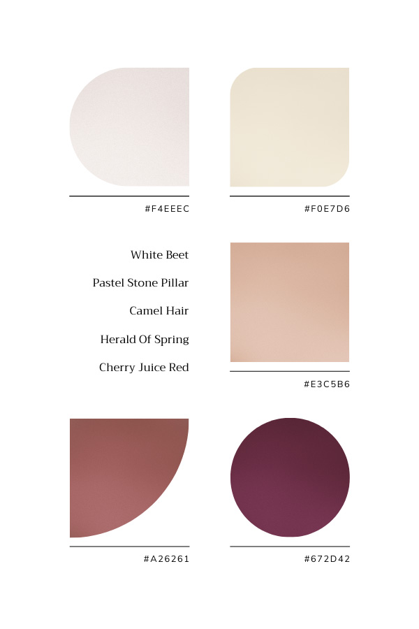 Palette de couleurs rose pâle, beige clair, camel, brun-rosé et bordeaux.