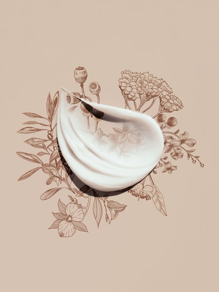 texture d'une crème cosmétique sur un fond avec un dessin de motifs floraux