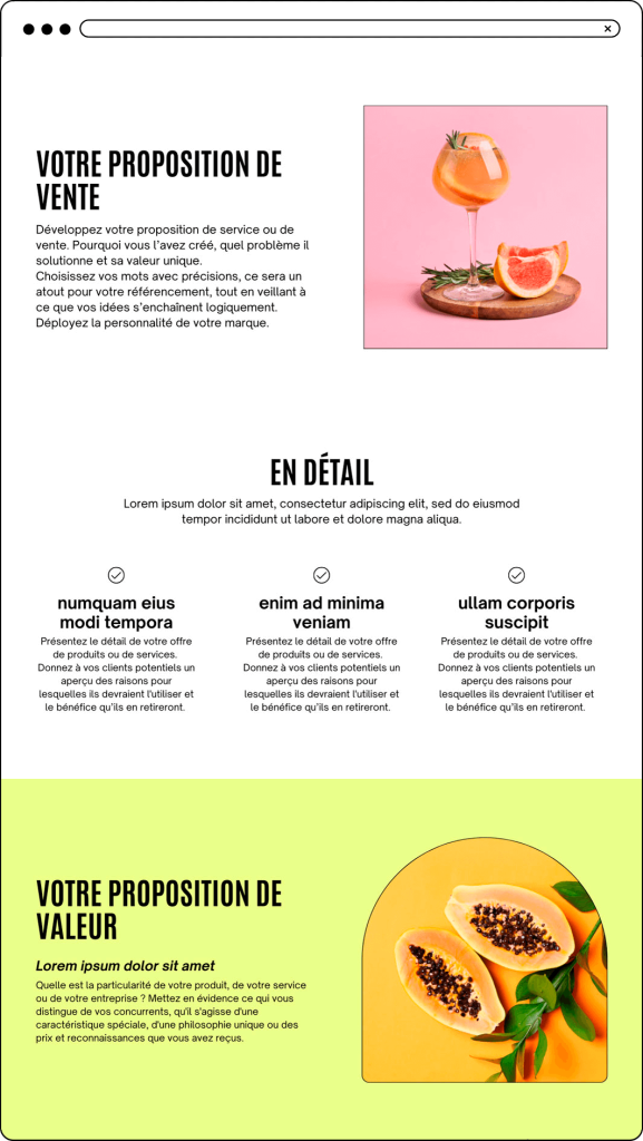 Section Proposition de Service, ou vente, et proposition de valeur d'une page page d'accueil de site internet