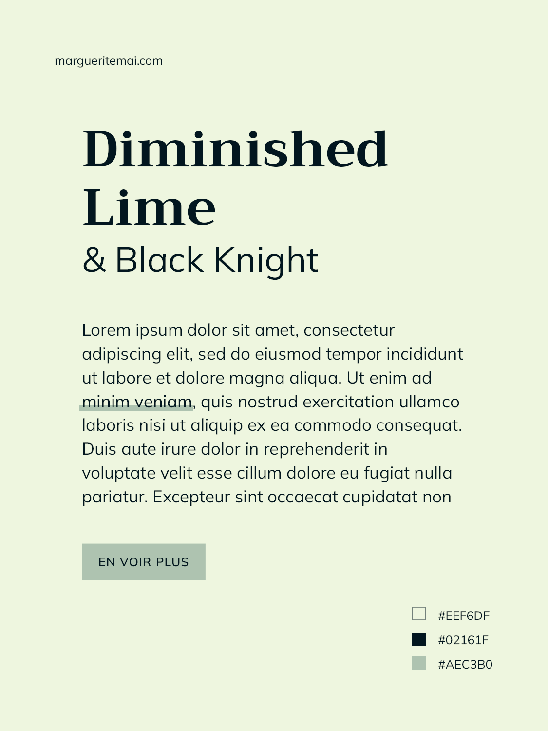 couleurs vert pâle #EEF6DF et noir riche #02161F pour le design d'un site web
