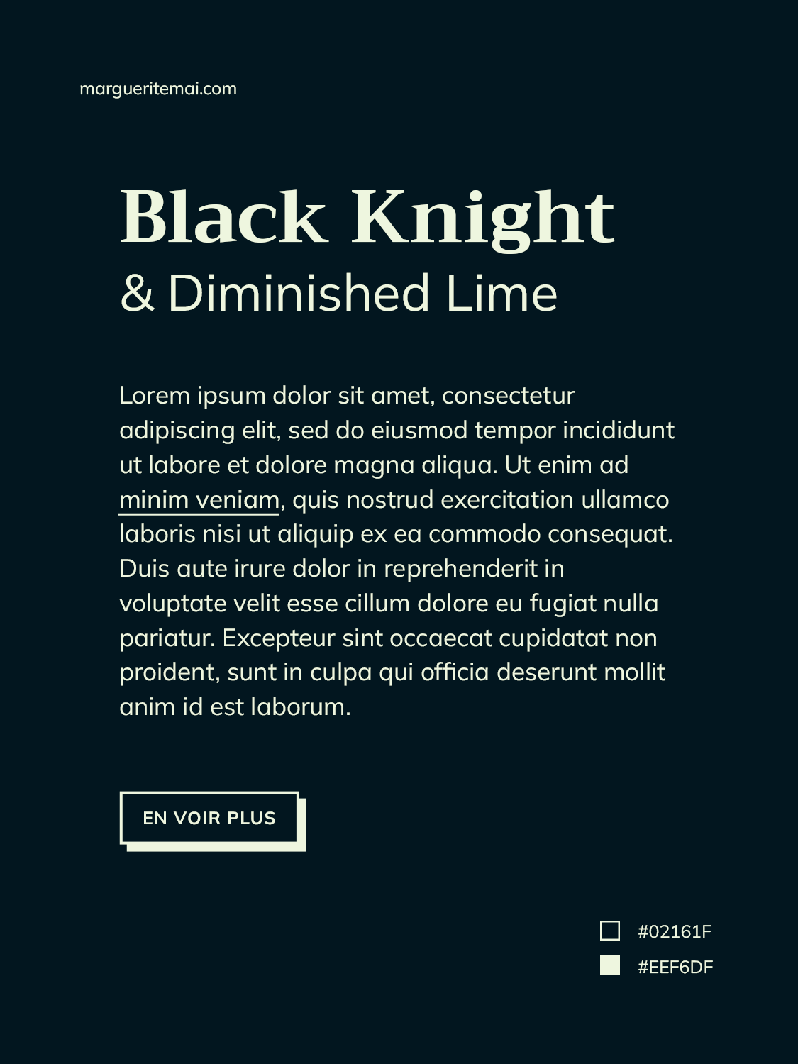couleurs noir riche #02161F et vert pâle #EEF6DF pour le design d'un site web