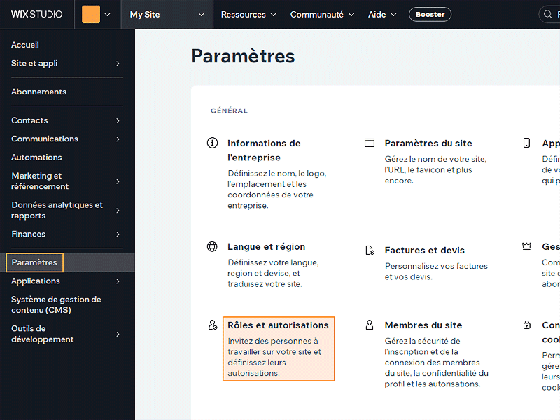 Tableau de bord Wix.