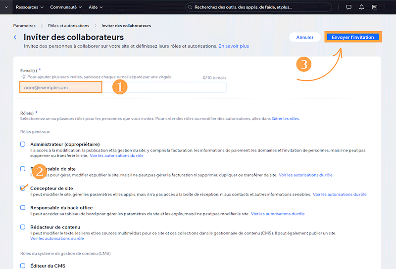 Tableau de bord Wix, onglet Inviter des collaborateurs.