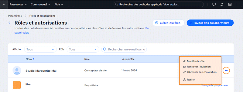 Les paramètres de gestion d'un collaborateur sur la page "Rôles et Autorisations" du tableau de bord Wix.