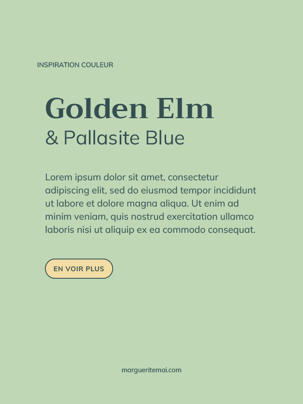 Exemple de combinaison de couleurs pour un site web, texte Vert sarcelle #344E51 sur fond Vert Tendre #BFD7B5