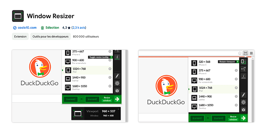 Présentation de l'extension Window Resizer sous Chrome