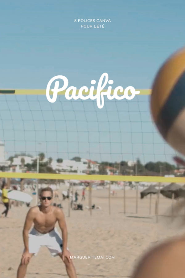 Utilisation de la police de caractères "Pacifico" sur une affiche représentant des joueur sur une plage de Floride, en été.
