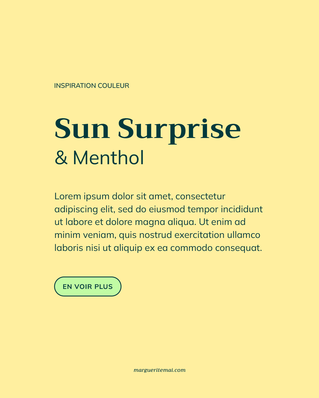 Exemple de combinaison de couleurs pour un site web, texte Vert foncé #01393C sur fond Jaune soleil #FFEF9F