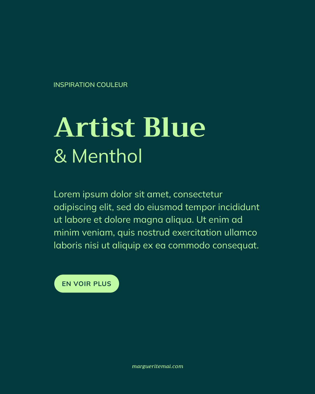 Exemple de combinaison de couleurs pour un site web, texte Vert Pistache #C1FBA4 sur fond Vert foncé #01393C