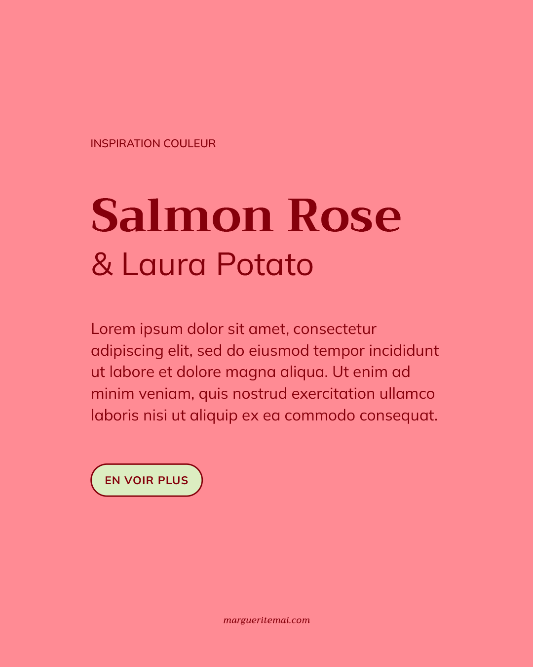 Association de couleurs pour un site web, texte bordeaux #85000B sur fond Rose Saumon #FF8B94