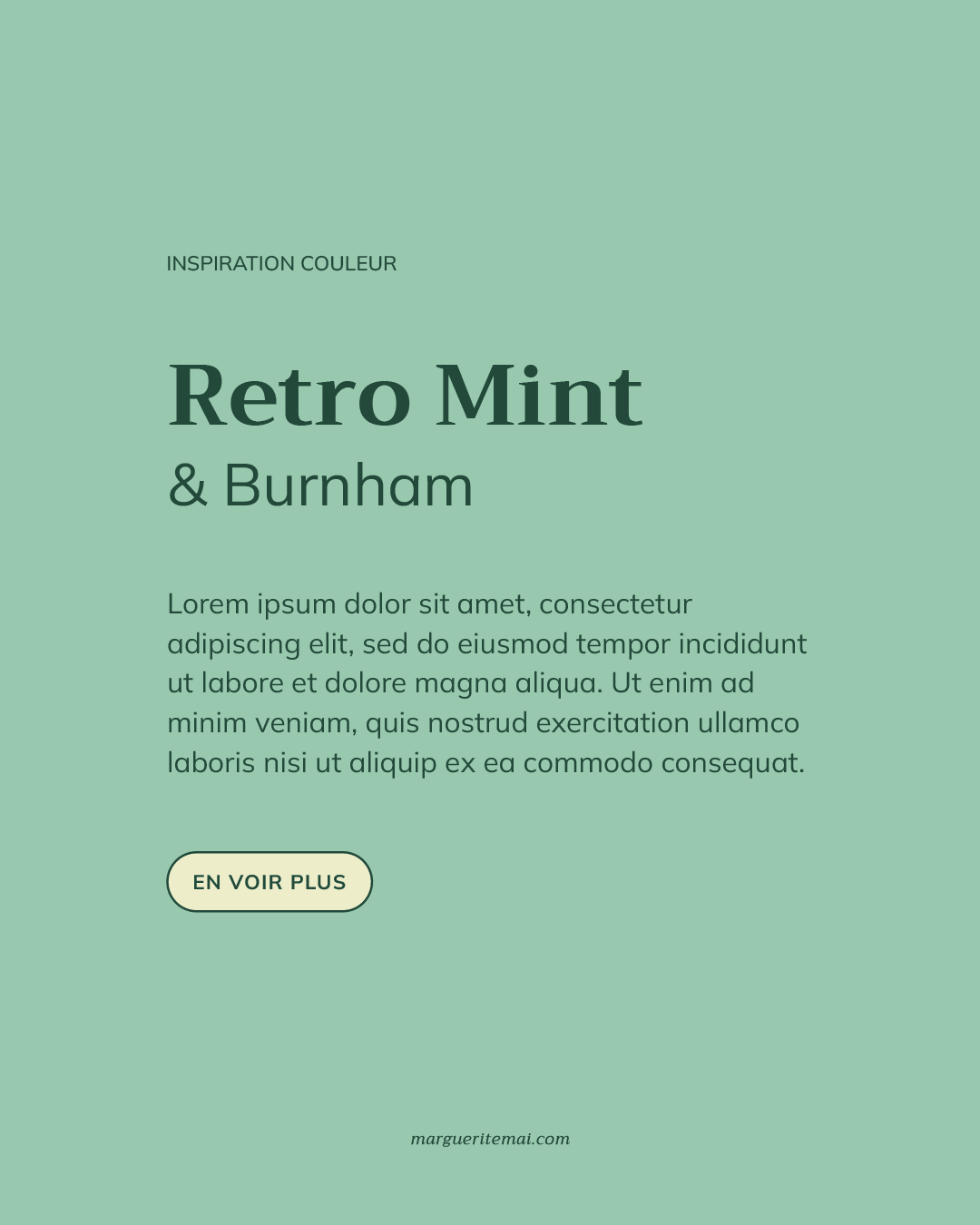 Association de couleurs pour un site web, texte Vert foncé #22493A sur fond Vert menthe clair #98C9AE