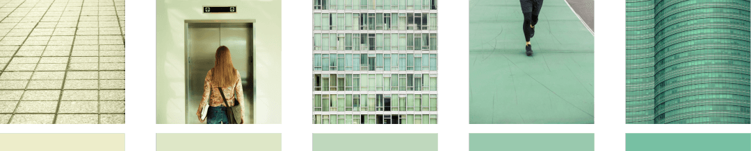5 images d'inspiration urbaine pour la palette de couleurs de verts : Des buildings et la vie d'une femme active en ville.