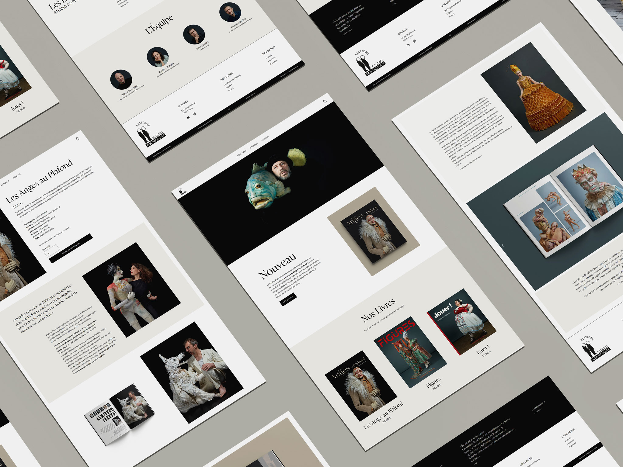 Présentation des différentes pages du site internet des Éditions Studio Popincourt, illustrant le design du site et le travail de création web.