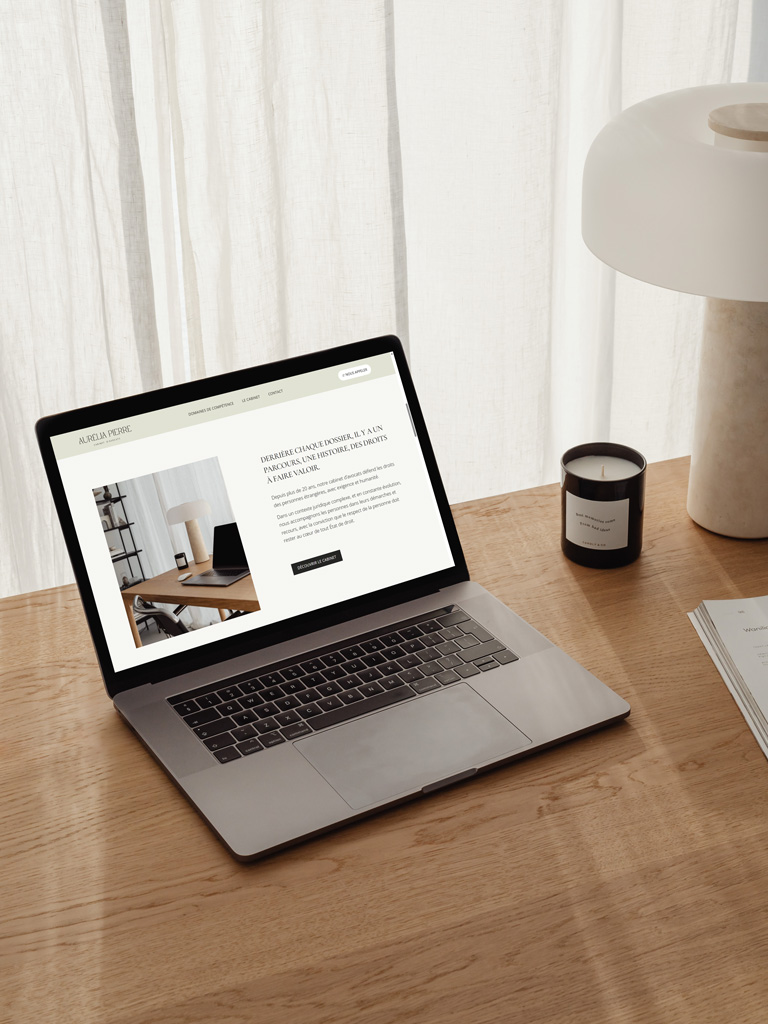 Vue du site Squarespace du Cabinet d'avocat sur un ordinateur portable, posé sur un bureau en bois avec une lampe et une bougie.
