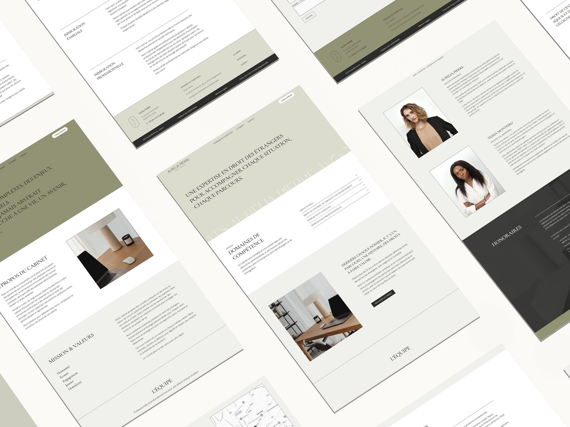 Présentation des différentes pages du site internet du Cabinet d'Avocats Aurélia Pierre, illustrant le design du site et le travail de création web.