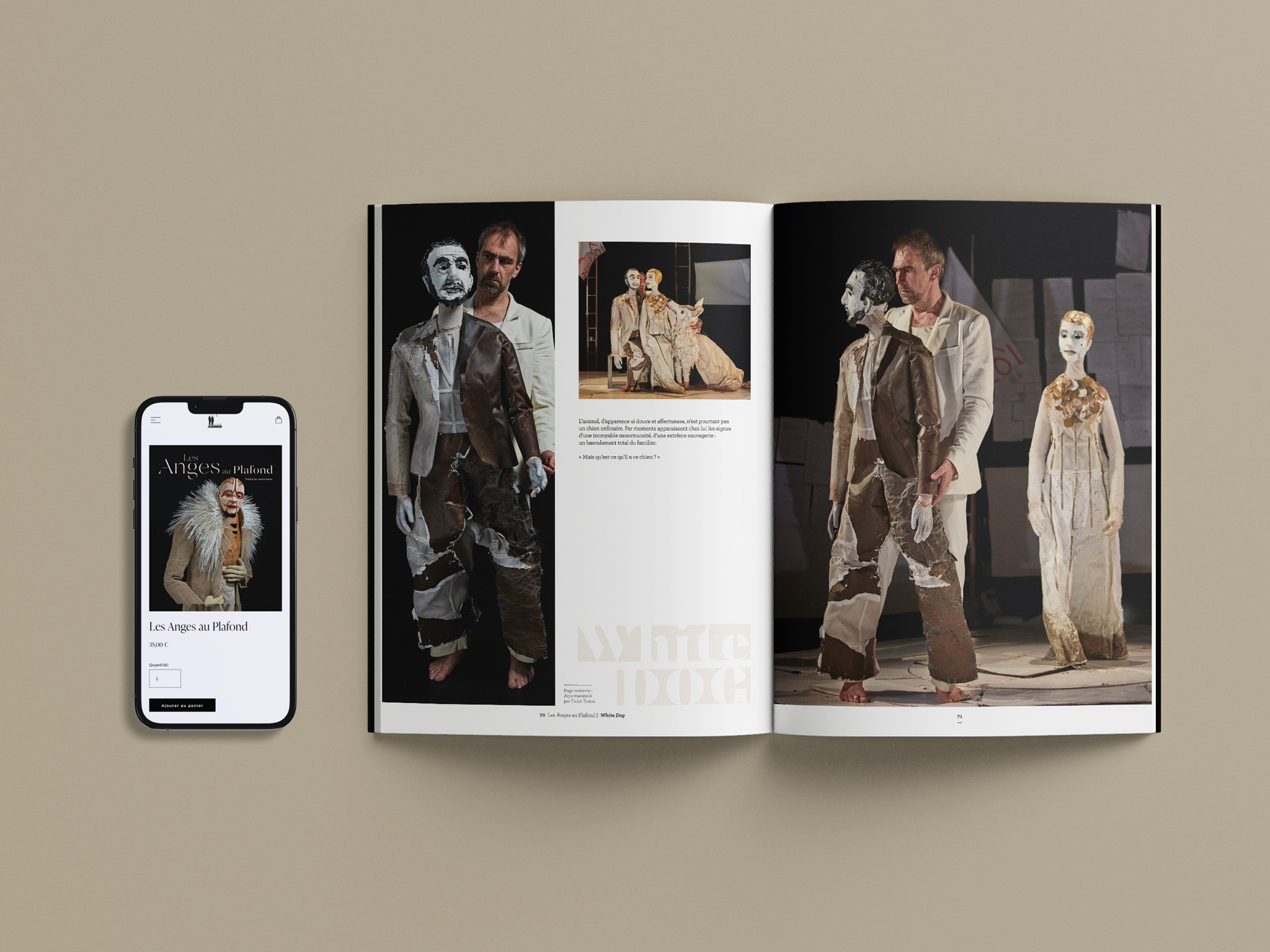 Site optimisé sur téléphone mobile et livre ouvert "Les Anges au Plafond" des Éditions Studio Popincourt.