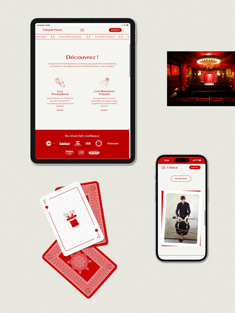 Tablette et smartphone présentant les pages du site WordPress de François Pierce, accompagnés de cartes à jouer, pour illustrer un design responsif élégant et premium.