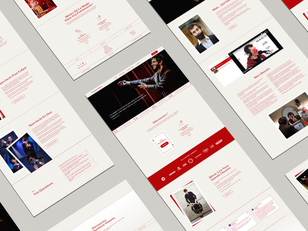 Présentation des différentes pages du magicien françois Pierce, illustrant le design du site et le travail de création web.