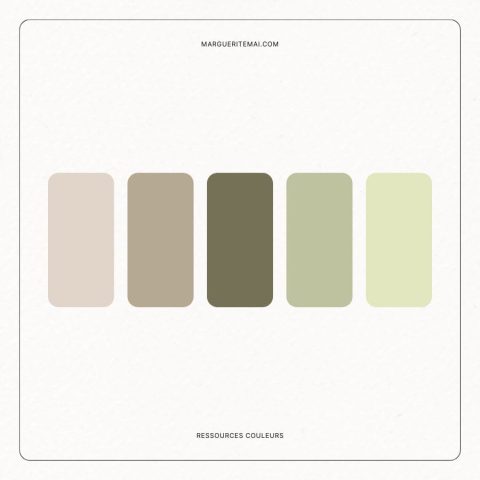 Palette de couleurs beige rosé, marron taupe, vert kaki, vert olive et vert pâle.