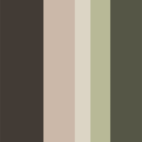 Palette de couleurs Taupe, Beige rosé, Grège, Vert Sauge, Vert Kaki foncé.