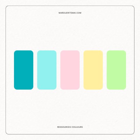 Palette de couleurs d'été acidulées bleu foncé, bleu clair, rose, jaune et vert